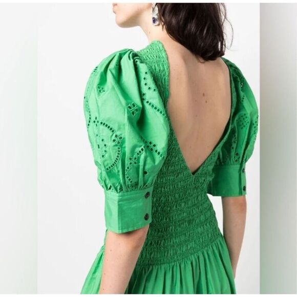 Ganni Broderie Anglaise Cotton Midi Dress in Kelly Green F7208 Women’s 38 / 8 US - Picture 6 of 16